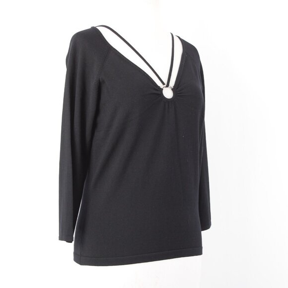 BCBG Maxazria Top NEW $145 Sz L Black 3/4 Sleeve Silk Nylon Spandex Pendant Top - Picture 6 of 16